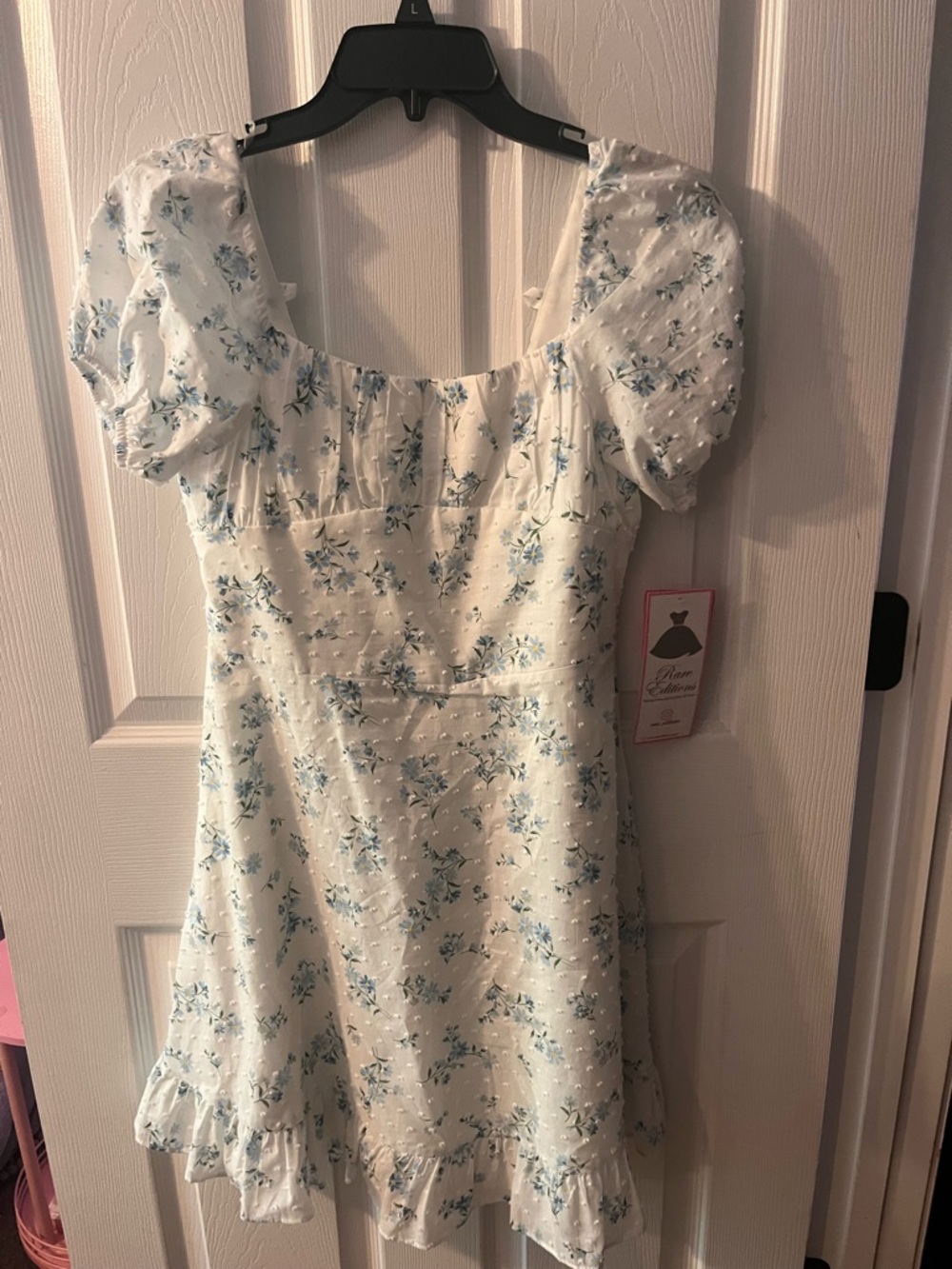 Girls White Mini Dress with Blue Floral Print and Puff Sleeves